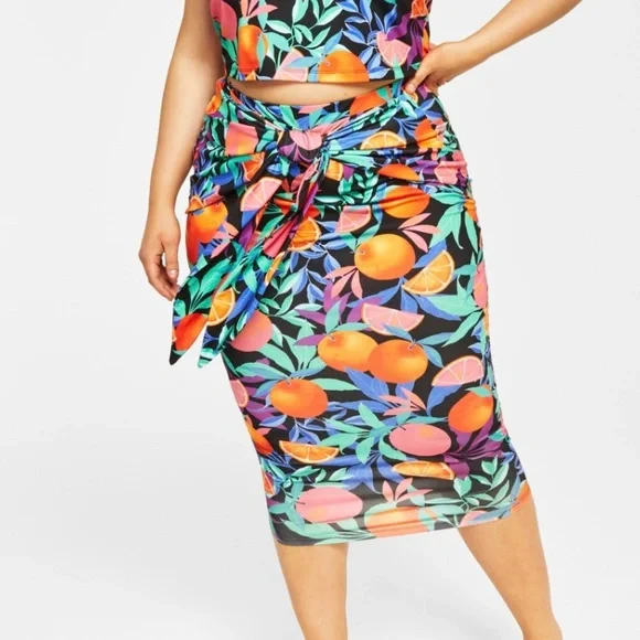 Nina Parker Tie Front Midi Skirt 2X Black/Orange Multi - Picture 1 of 13